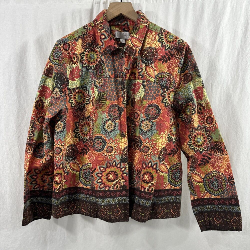 CJ Banks Multicolor Floral Fall Button Down Jacket Womens Size 1X Artsy Linen